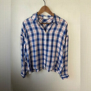 Aritzia Wilfred Free boxy blue/red plaid button up lightweight long sleeve top S